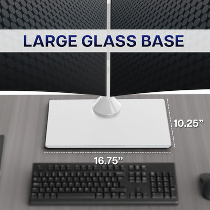 Freestanding Dual Monitor Stand with Sleek Glass Base and Adjustable Arms, Mounts 2 Screens up to 32 inch and 22 lbs Each, Black, STAND-V002FG