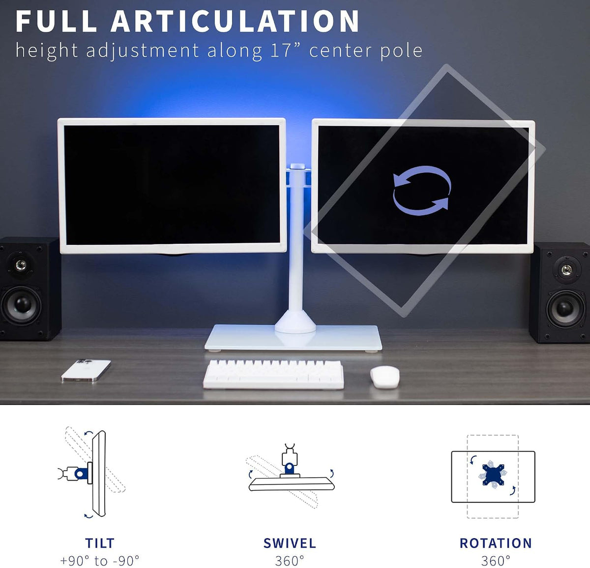 Freestanding Dual Monitor Stand with Sleek Glass Base and Adjustable Arms, Mounts 2 Screens up to 32 inch and 22 lbs Each, Black, STAND-V002FG