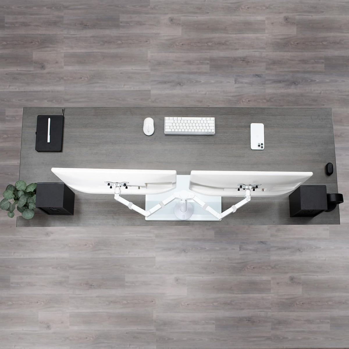 Freestanding Dual Monitor Stand with Sleek Glass Base and Adjustable Arms, Mounts 2 Screens up to 32 inch and 22 lbs Each, Black, STAND-V002FG