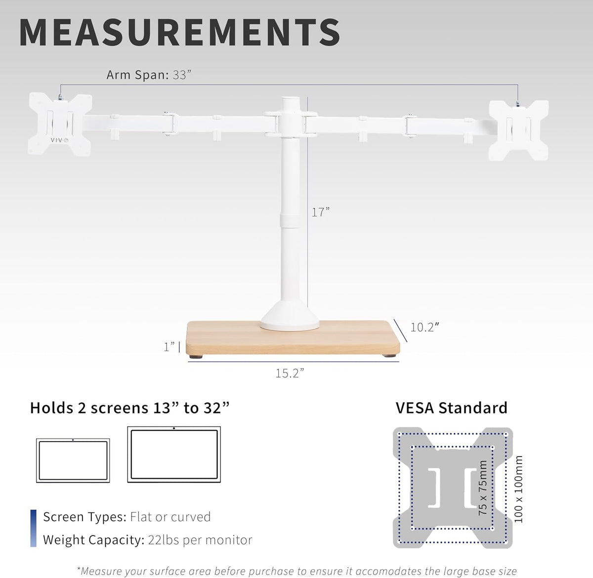 Freestanding Dual Monitor Stand with Sleek Glass Base and Adjustable Arms, Mounts 2 Screens up to 32 inch and 22 lbs Each, Black, STAND-V002FG