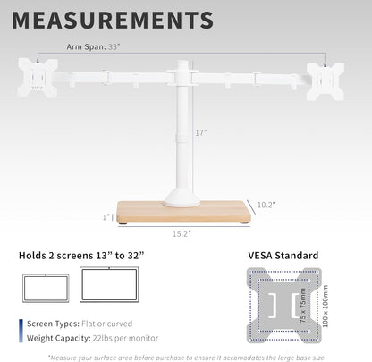 Freestanding Dual Monitor Stand with Sleek Glass Base and Adjustable Arms, Mounts 2 Screens up to 32 inch and 22 lbs Each, Black, STAND-V002FG
