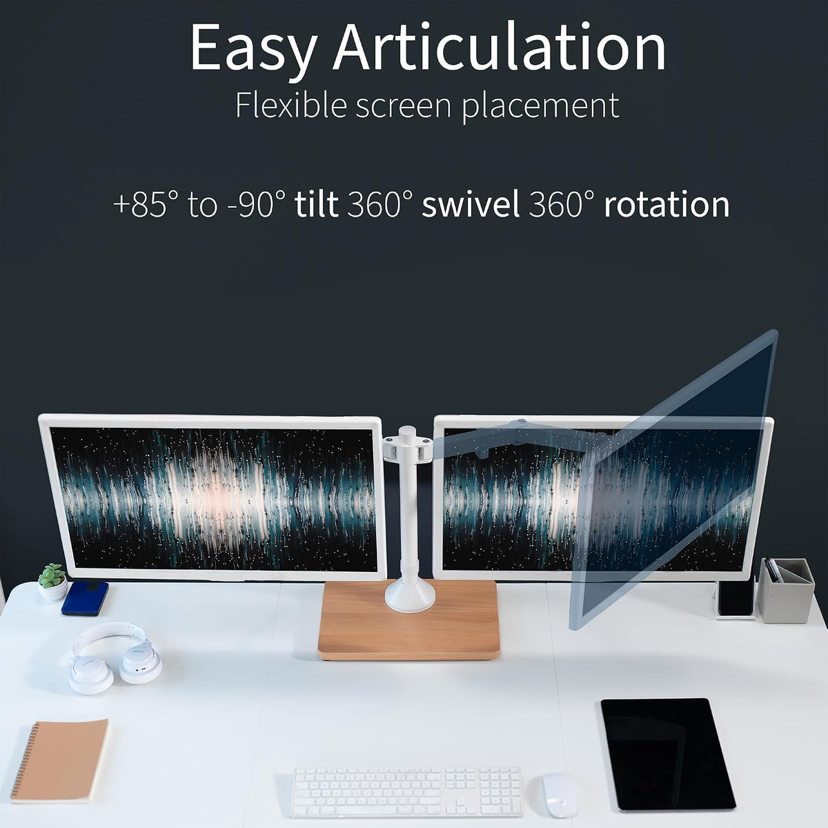 Freestanding Dual Monitor Stand with Sleek Glass Base and Adjustable Arms, Mounts 2 Screens up to 32 inch and 22 lbs Each, Black, STAND-V002FG