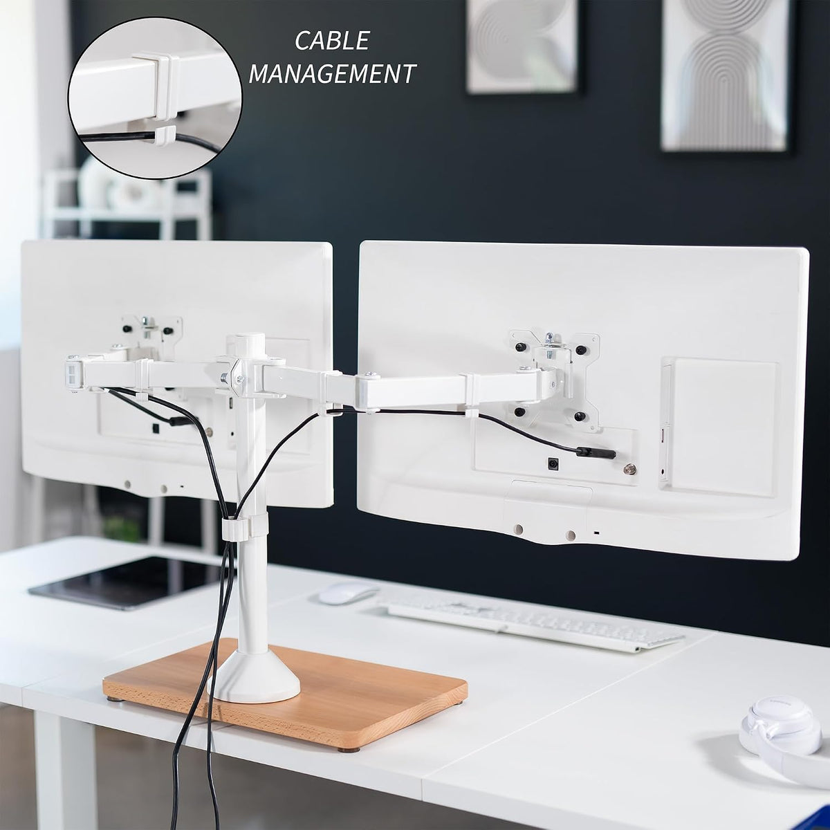 Freestanding Dual Monitor Stand with Sleek Glass Base and Adjustable Arms, Mounts 2 Screens up to 32 inch and 22 lbs Each, Black, STAND-V002FG