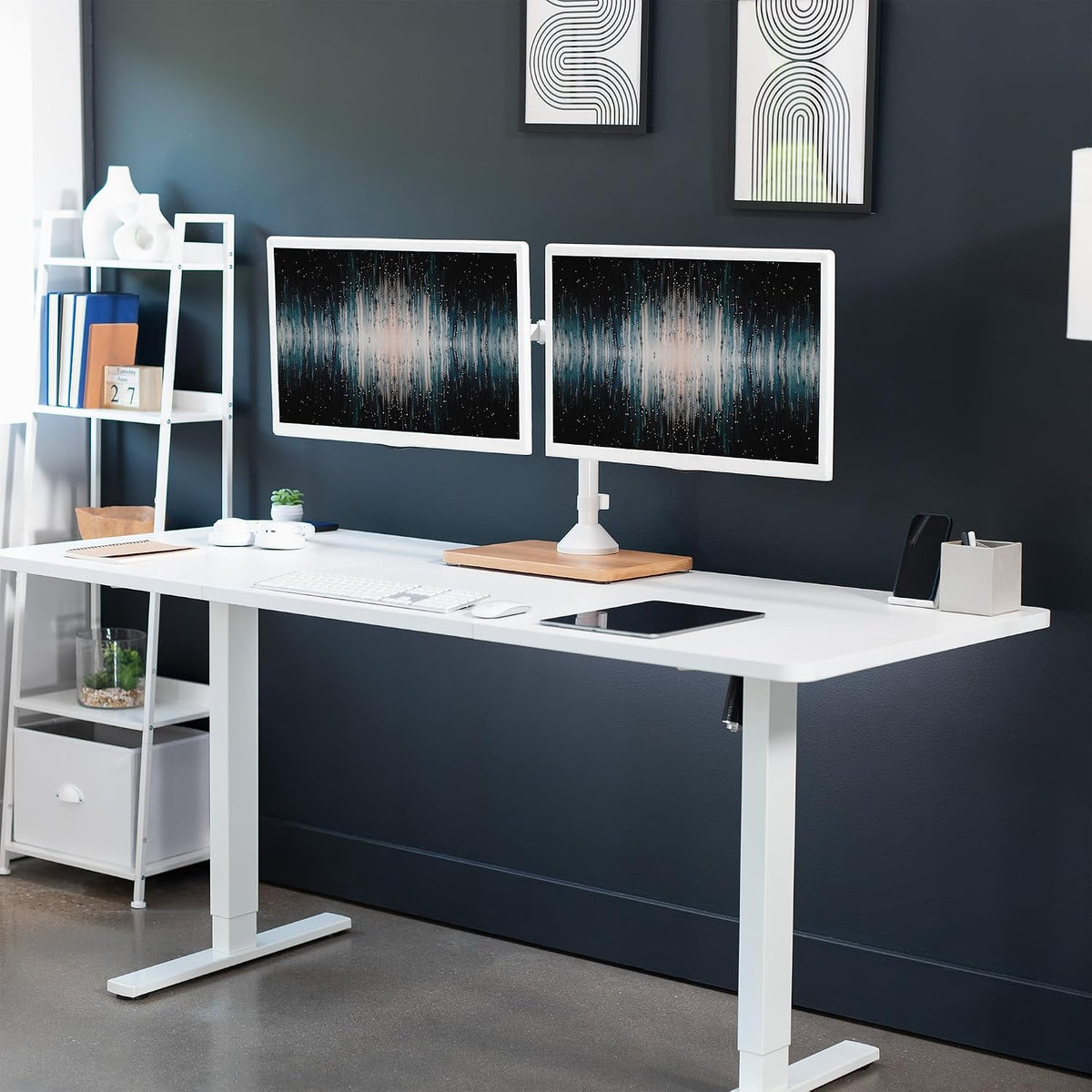 Freestanding Dual Monitor Stand with Sleek Glass Base and Adjustable Arms, Mounts 2 Screens up to 32 inch and 22 lbs Each, Black, STAND-V002FG