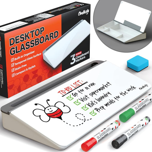 Glass Desktop Whiteboard with Storage, Desk Dry Erase Board Buddy