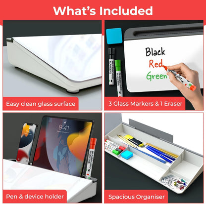 Glass Desktop Whiteboard with Storage, Desk Dry Erase Board Buddy