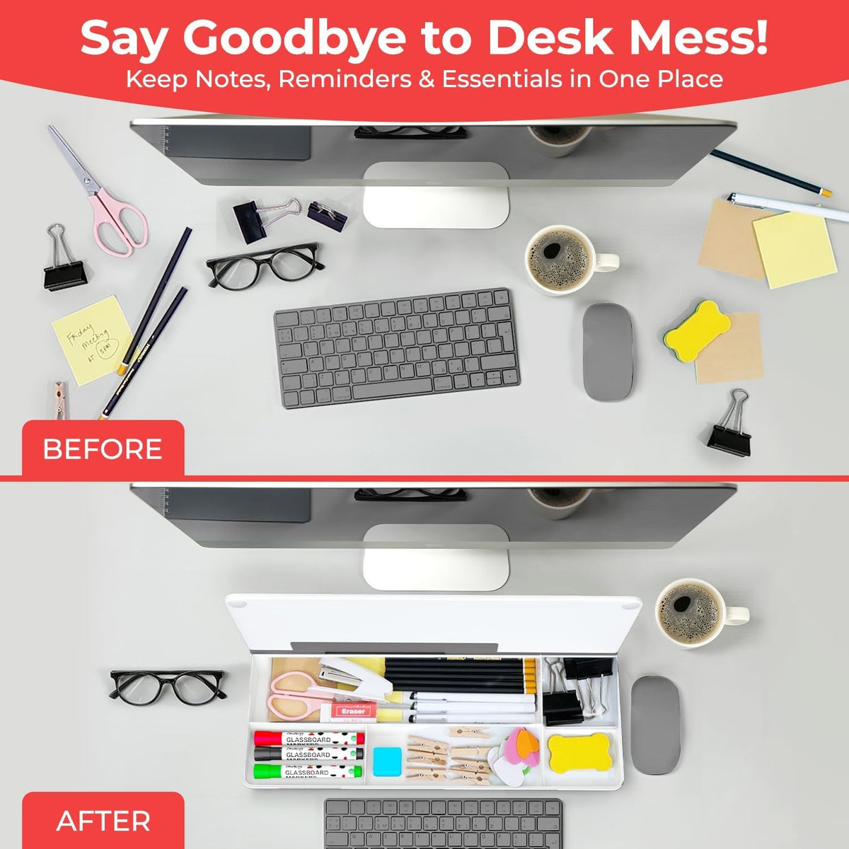 Glass Desktop Whiteboard with Storage, Desk Dry Erase Board Buddy