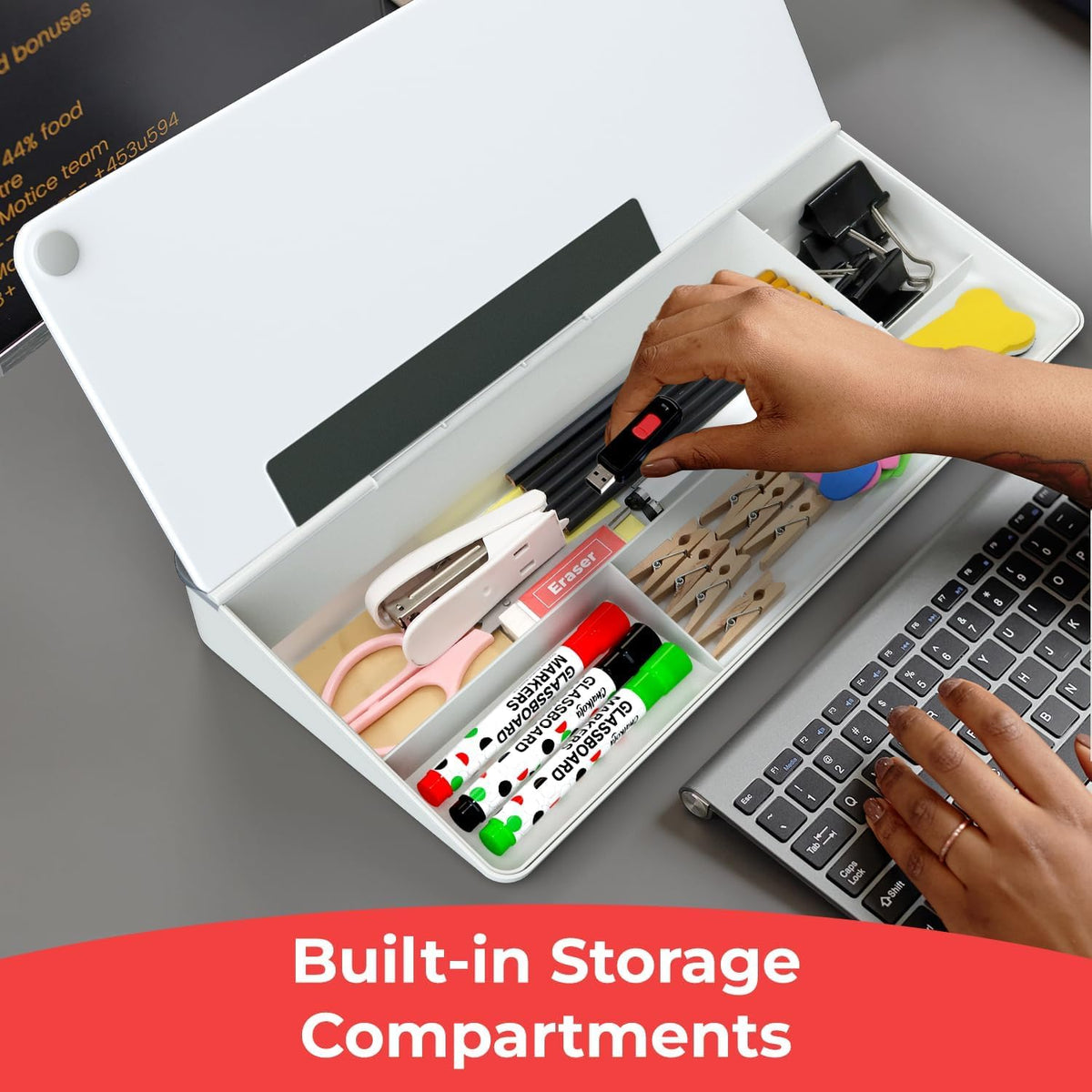 Glass Desktop Whiteboard with Storage, Desk Dry Erase Board Buddy