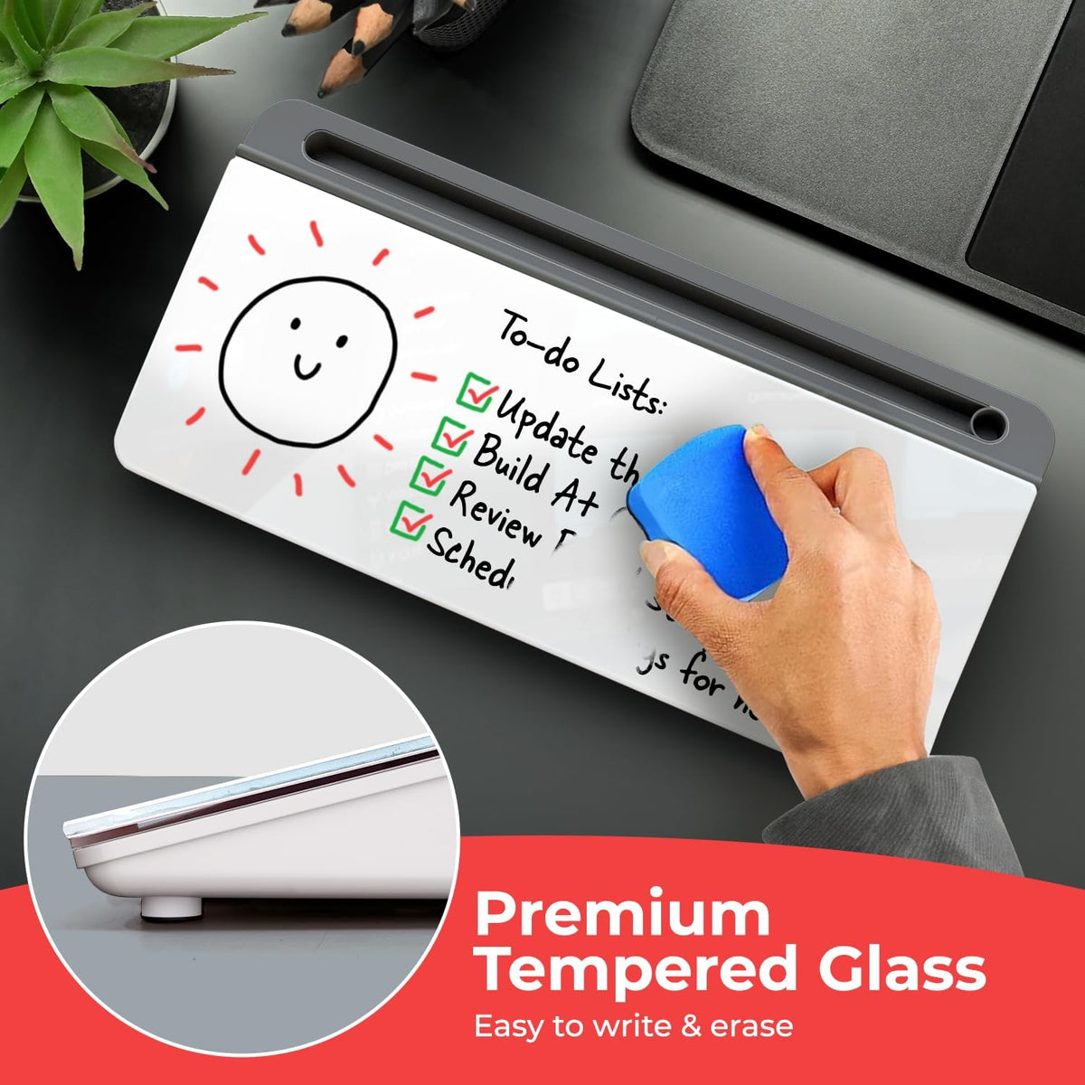 Glass Desktop Whiteboard with Storage, Desk Dry Erase Board Buddy