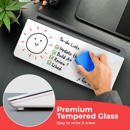 Glass Desktop Whiteboard with Storage, Desk Dry Erase Board Buddy