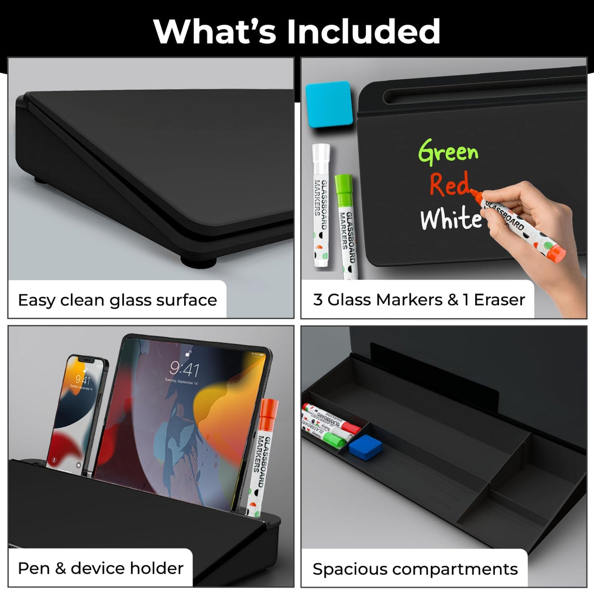Glass Desktop Whiteboard with Storage, Desk Dry Erase Board Buddy