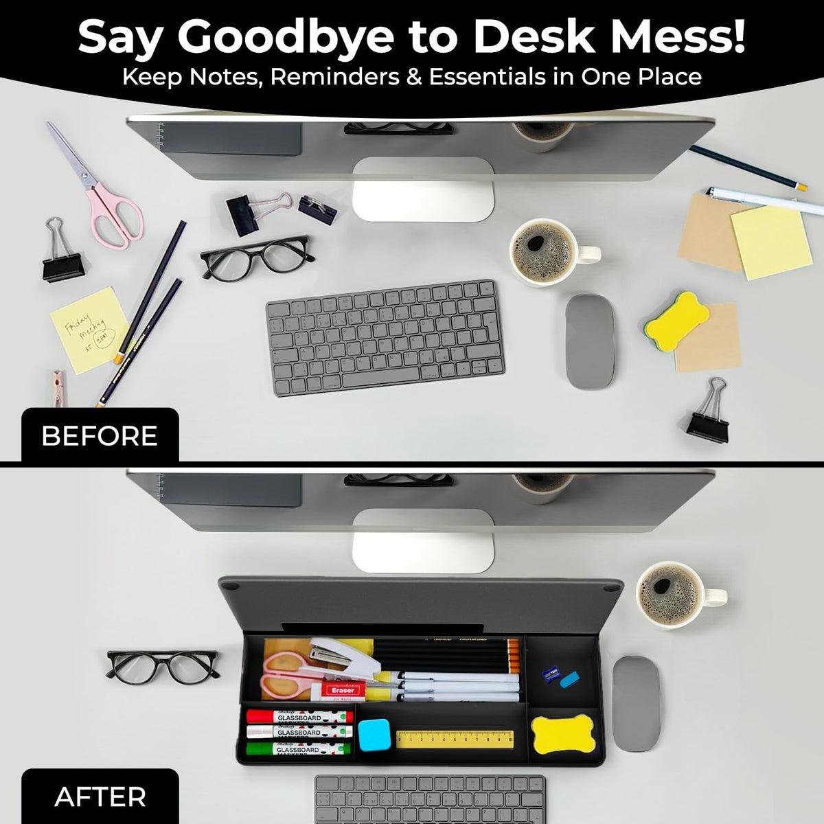 Glass Desktop Whiteboard with Storage, Desk Dry Erase Board Buddy