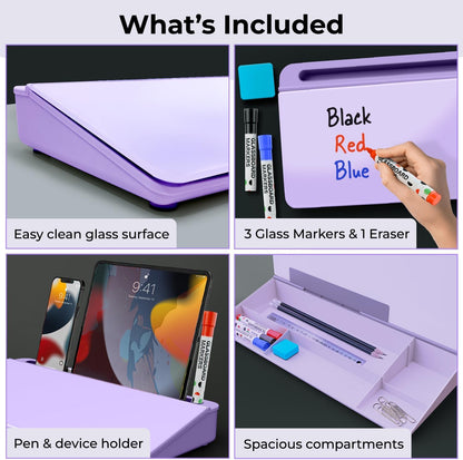 Glass Desktop Whiteboard with Storage, Desk Dry Erase Board Buddy