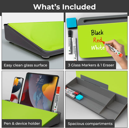 Glass Desktop Whiteboard with Storage, Desk Dry Erase Board Buddy