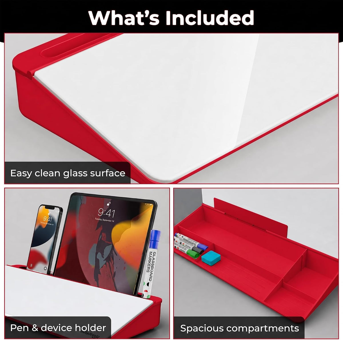 Glass Desktop Whiteboard with Storage, Desk Dry Erase Board Buddy