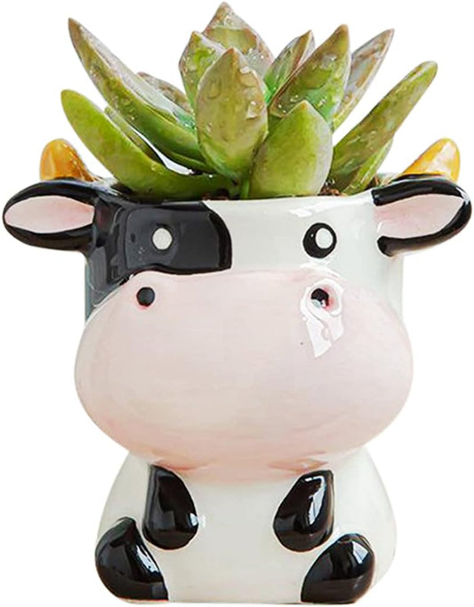 Cute Animal Ceramics Planter Small Succulent Pot Cartoon Shaped Plant Pot for Mini Plants Flower Cactus, Smooth Shiny Ceramic - Plants Not Included (Cow)