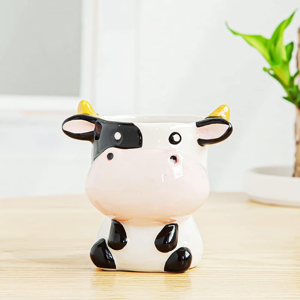 Cute Animal Ceramics Planter Small Succulent Pot Cartoon Shaped Plant Pot for Mini Plants Flower Cactus, Smooth Shiny Ceramic - Plants Not Included (Cow)