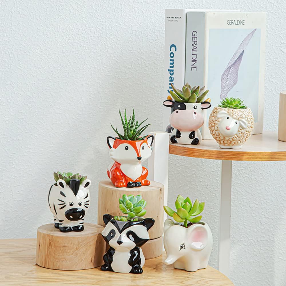 Cute Animal Ceramics Planter Small Succulent Pot Cartoon Shaped Plant Pot for Mini Plants Flower Cactus, Smooth Shiny Ceramic - Plants Not Included (Cow)