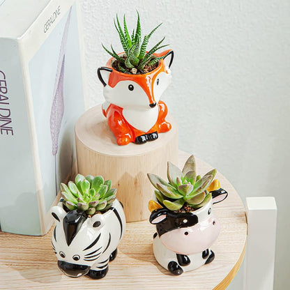 Cute Animal Ceramics Planter Small Succulent Pot Cartoon Shaped Plant Pot for Mini Plants Flower Cactus, Smooth Shiny Ceramic - Plants Not Included (Cow)