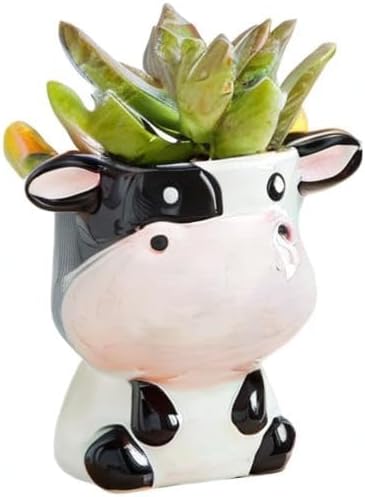 Cute Animal Ceramics Planter Small Succulent Pot Cartoon Shaped Plant Pot for Mini Plants Flower Cactus, Smooth Shiny Ceramic - Plants Not Included (Cow)