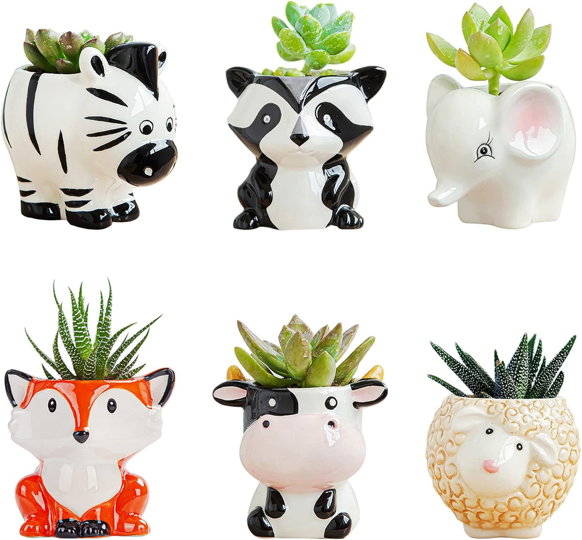 Cute Animal Ceramics Planter Small Succulent Pot Cartoon Shaped Plant Pot for Mini Plants Flower Cactus, Smooth Shiny Ceramic - Plants Not Included (Cow)