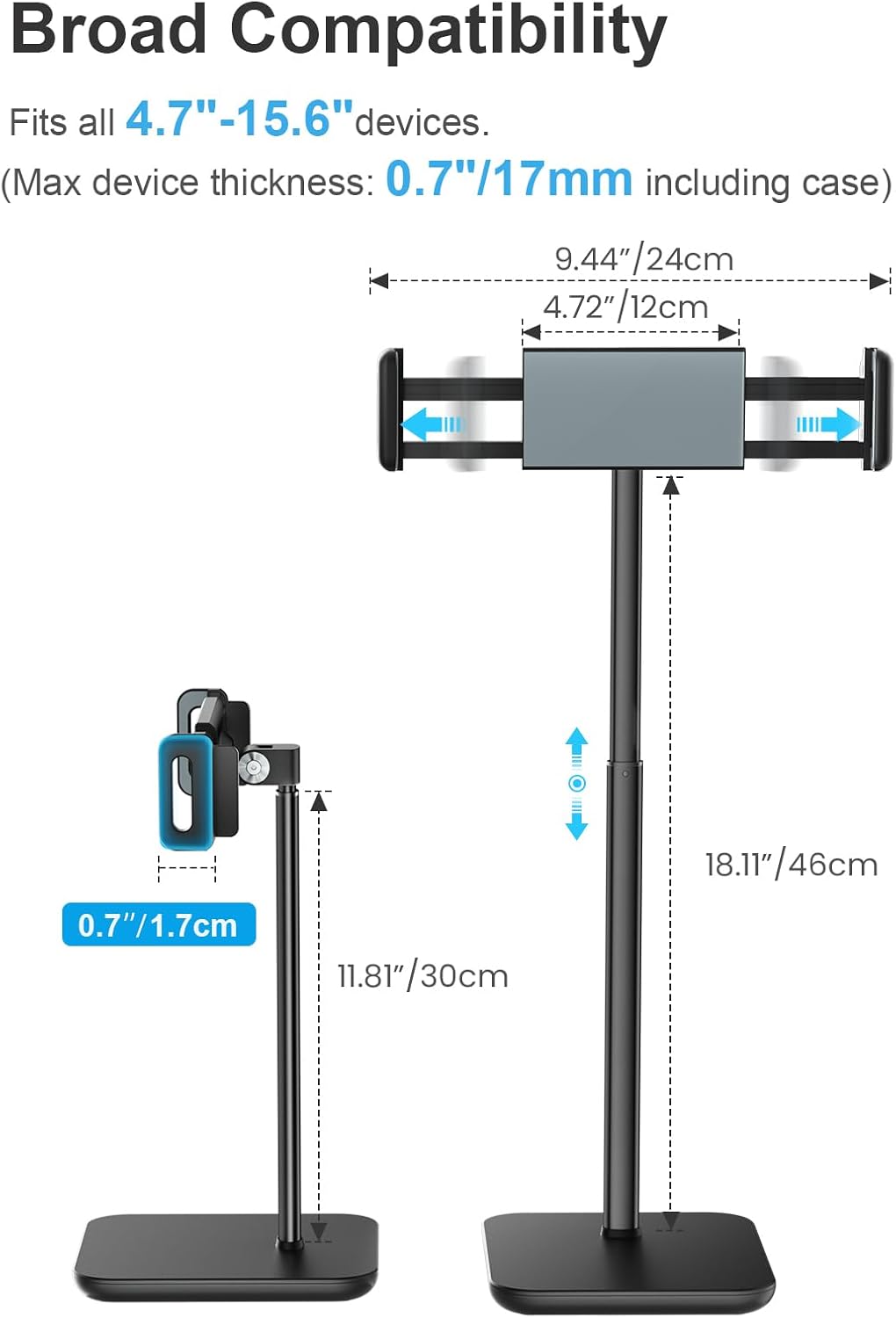 Height Adjustable Tablet Stand, 3.5lb (1.6kg) Max Support, Up to 18" Tall, Slim Portable Monitors Stand Compatible with iPad Pro 12.9, Surface Pro, All 4.7"-15.6" Devices - Black