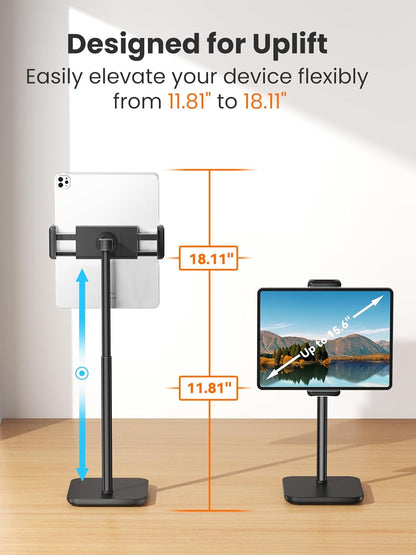 Height Adjustable Tablet Stand, 3.5lb (1.6kg) Max Support, Up to 18" Tall, Slim Portable Monitors Stand Compatible with iPad Pro 12.9, Surface Pro, All 4.7"-15.6" Devices - Black