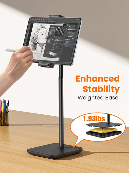 Height Adjustable Tablet Stand, 3.5lb (1.6kg) Max Support, Up to 18" Tall, Slim Portable Monitors Stand Compatible with iPad Pro 12.9, Surface Pro, All 4.7"-15.6" Devices - Black