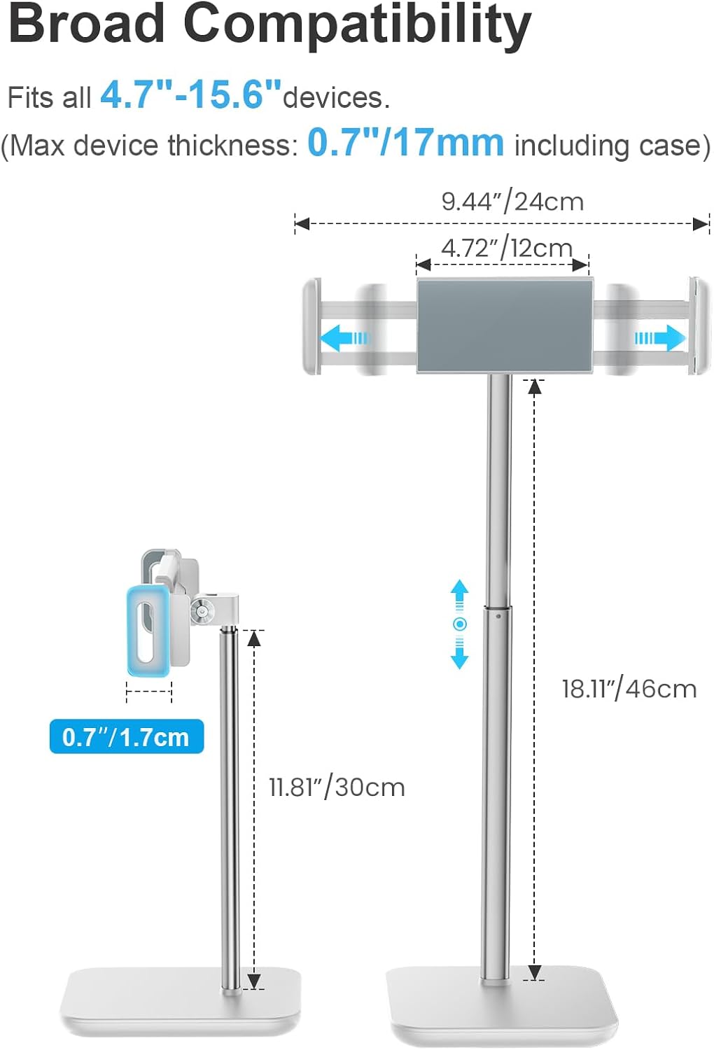 Height Adjustable Tablet Stand, 3.5lb (1.6kg) Max Support, Up to 18" Tall, Slim Portable Monitors Stand Compatible with iPad Pro 12.9, Surface Pro, All 4.7"-15.6" Devices - Black