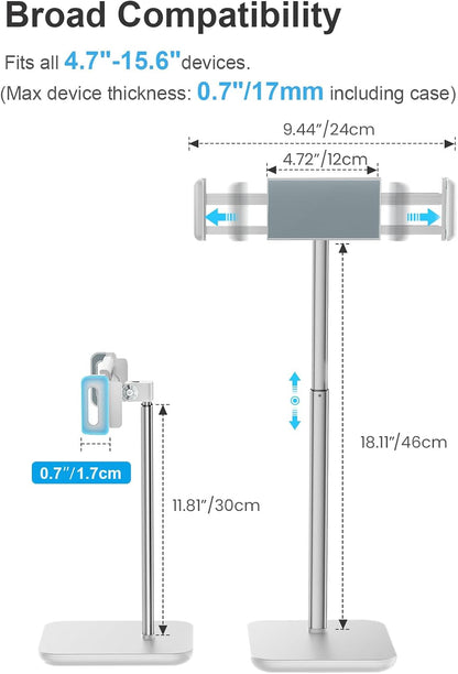 Height Adjustable Tablet Stand, 3.5lb (1.6kg) Max Support, Up to 18" Tall, Slim Portable Monitors Stand Compatible with iPad Pro 12.9, Surface Pro, All 4.7"-15.6" Devices - Black