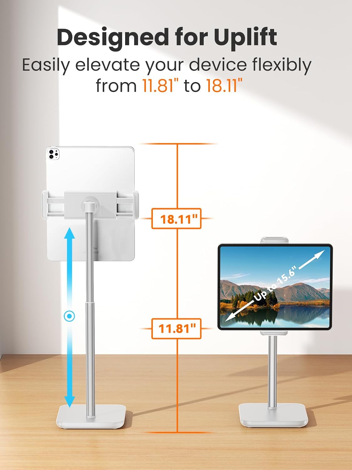 Height Adjustable Tablet Stand, 3.5lb (1.6kg) Max Support, Up to 18" Tall, Slim Portable Monitors Stand Compatible with iPad Pro 12.9, Surface Pro, All 4.7"-15.6" Devices - Black