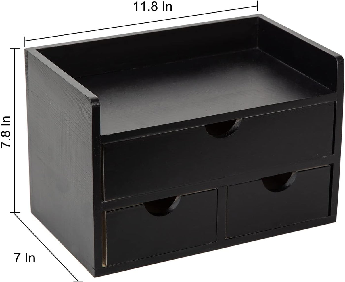Black Bamboo Desk Organizer Wooden Storage Cabinet 3 Drawers with Shelf Tabletop Organization Box Home Office Workspace Bathroom Toiletries Supplies Caddy Vanity Makeup Stationery Holder