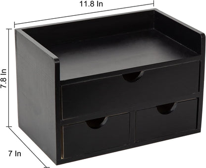 Black Bamboo Desk Organizer Wooden Storage Cabinet 3 Drawers with Shelf Tabletop Organization Box Home Office Workspace Bathroom Toiletries Supplies Caddy Vanity Makeup Stationery Holder