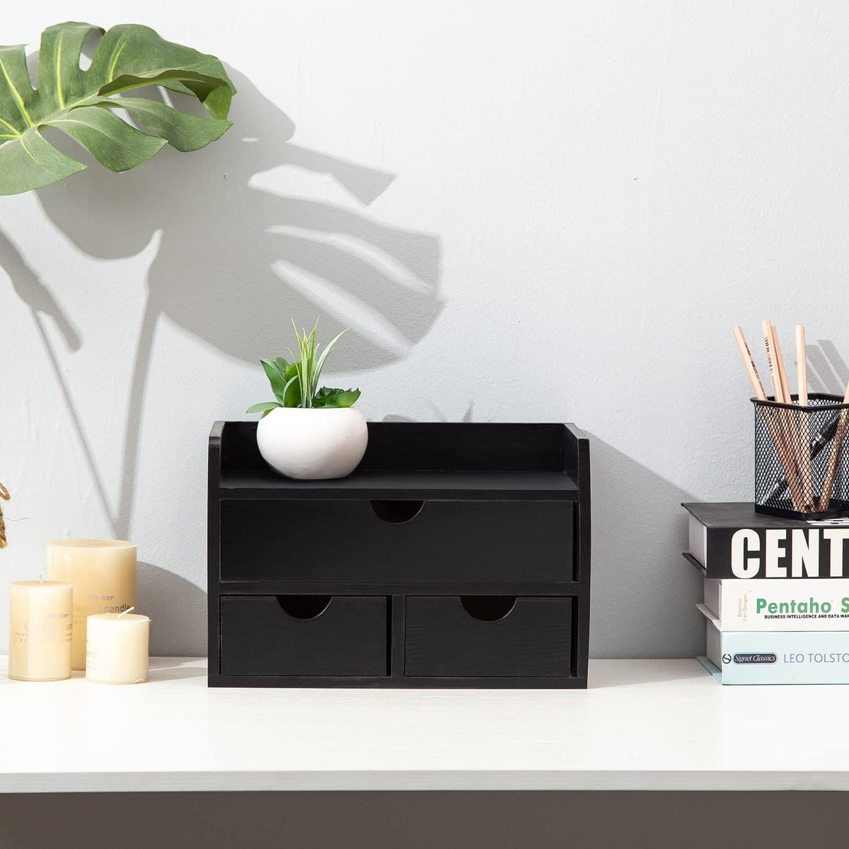 Black Bamboo Desk Organizer Wooden Storage Cabinet 3 Drawers with Shelf Tabletop Organization Box Home Office Workspace Bathroom Toiletries Supplies Caddy Vanity Makeup Stationery Holder