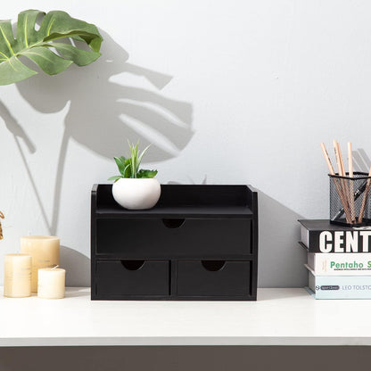 Black Bamboo Desk Organizer Wooden Storage Cabinet 3 Drawers with Shelf Tabletop Organization Box Home Office Workspace Bathroom Toiletries Supplies Caddy Vanity Makeup Stationery Holder