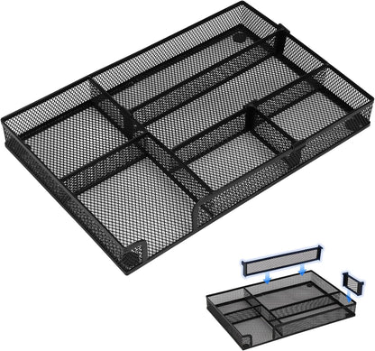 Desk Organizer, Desk Drawer Organizer Tray with Adjustable Dividers, Black Desktop Metal Mesh Office Desk Organizer, Stackable Multifunctional Pen Organizer for Office School Home Makeup Supplies (1)
