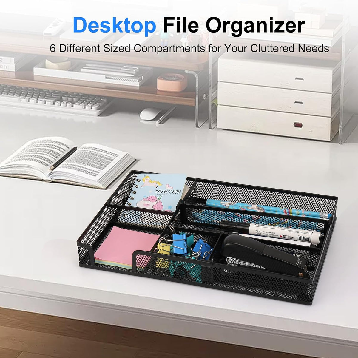 Desk Organizer, Desk Drawer Organizer Tray with Adjustable Dividers, Black Desktop Metal Mesh Office Desk Organizer, Stackable Multifunctional Pen Organizer for Office School Home Makeup Supplies (1)