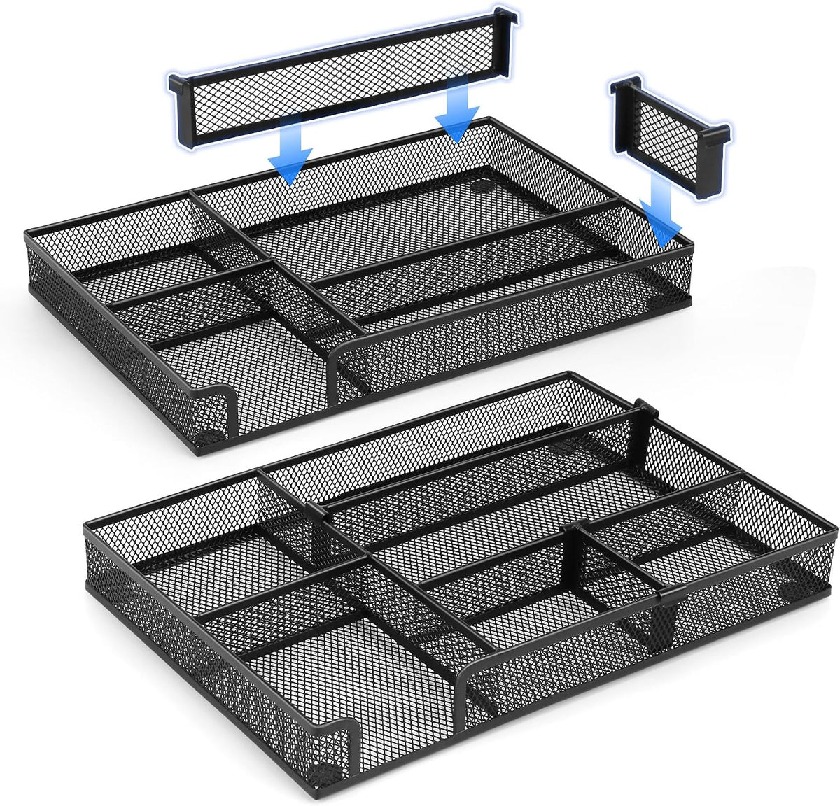Desk Organizer, Desk Drawer Organizer Tray with Adjustable Dividers, Black Desktop Metal Mesh Office Desk Organizer, Stackable Multifunctional Pen Organizer for Office School Home Makeup Supplies (1)