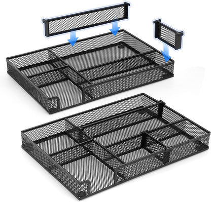 Desk Organizer, Desk Drawer Organizer Tray with Adjustable Dividers, Black Desktop Metal Mesh Office Desk Organizer, Stackable Multifunctional Pen Organizer for Office School Home Makeup Supplies (1)