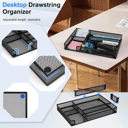 Desk Organizer, Desk Drawer Organizer Tray with Adjustable Dividers, Black Desktop Metal Mesh Office Desk Organizer, Stackable Multifunctional Pen Organizer for Office School Home Makeup Supplies (1)