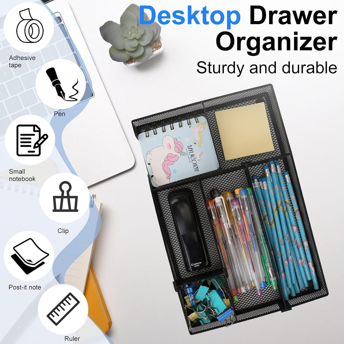Desk Organizer, Desk Drawer Organizer Tray with Adjustable Dividers, Black Desktop Metal Mesh Office Desk Organizer, Stackable Multifunctional Pen Organizer for Office School Home Makeup Supplies (1)