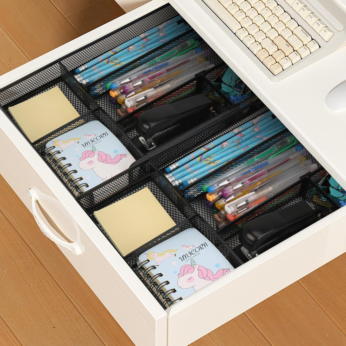 Desk Organizer, Desk Drawer Organizer Tray with Adjustable Dividers, Black Desktop Metal Mesh Office Desk Organizer, Stackable Multifunctional Pen Organizer for Office School Home Makeup Supplies (1)