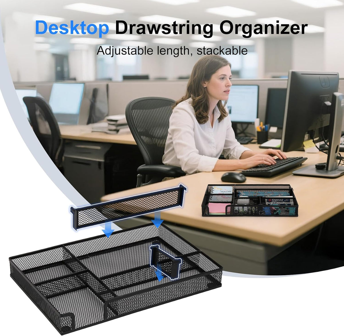 Desk Organizer, Desk Drawer Organizer Tray with Adjustable Dividers, Black Desktop Metal Mesh Office Desk Organizer, Stackable Multifunctional Pen Organizer for Office School Home Makeup Supplies (1)