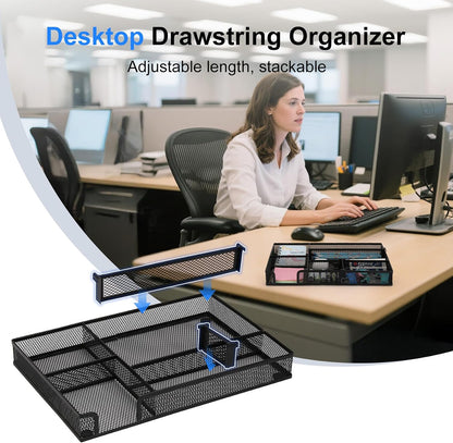 Desk Organizer, Desk Drawer Organizer Tray with Adjustable Dividers, Black Desktop Metal Mesh Office Desk Organizer, Stackable Multifunctional Pen Organizer for Office School Home Makeup Supplies (1)