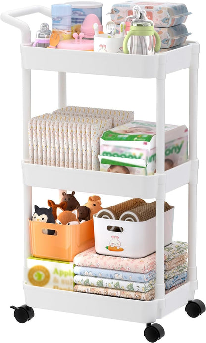 Diaper Caddy, 3 Tier Rolling Cart for Baby Essentials, Off-White