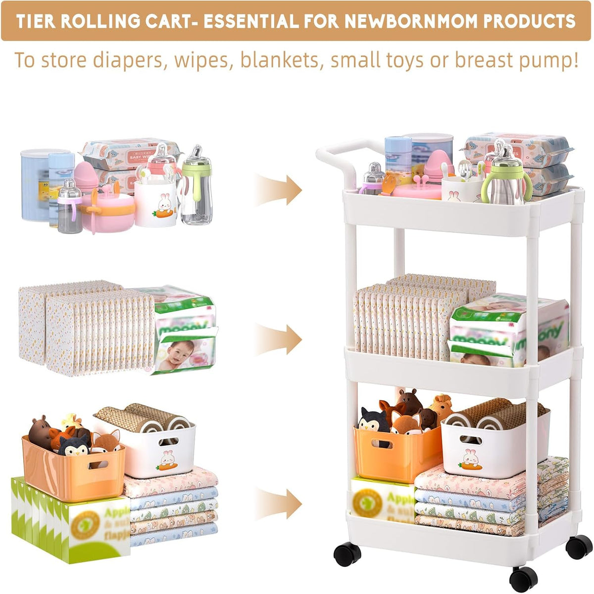 Diaper Caddy, 3 Tier Rolling Cart for Baby Essentials, Off-White