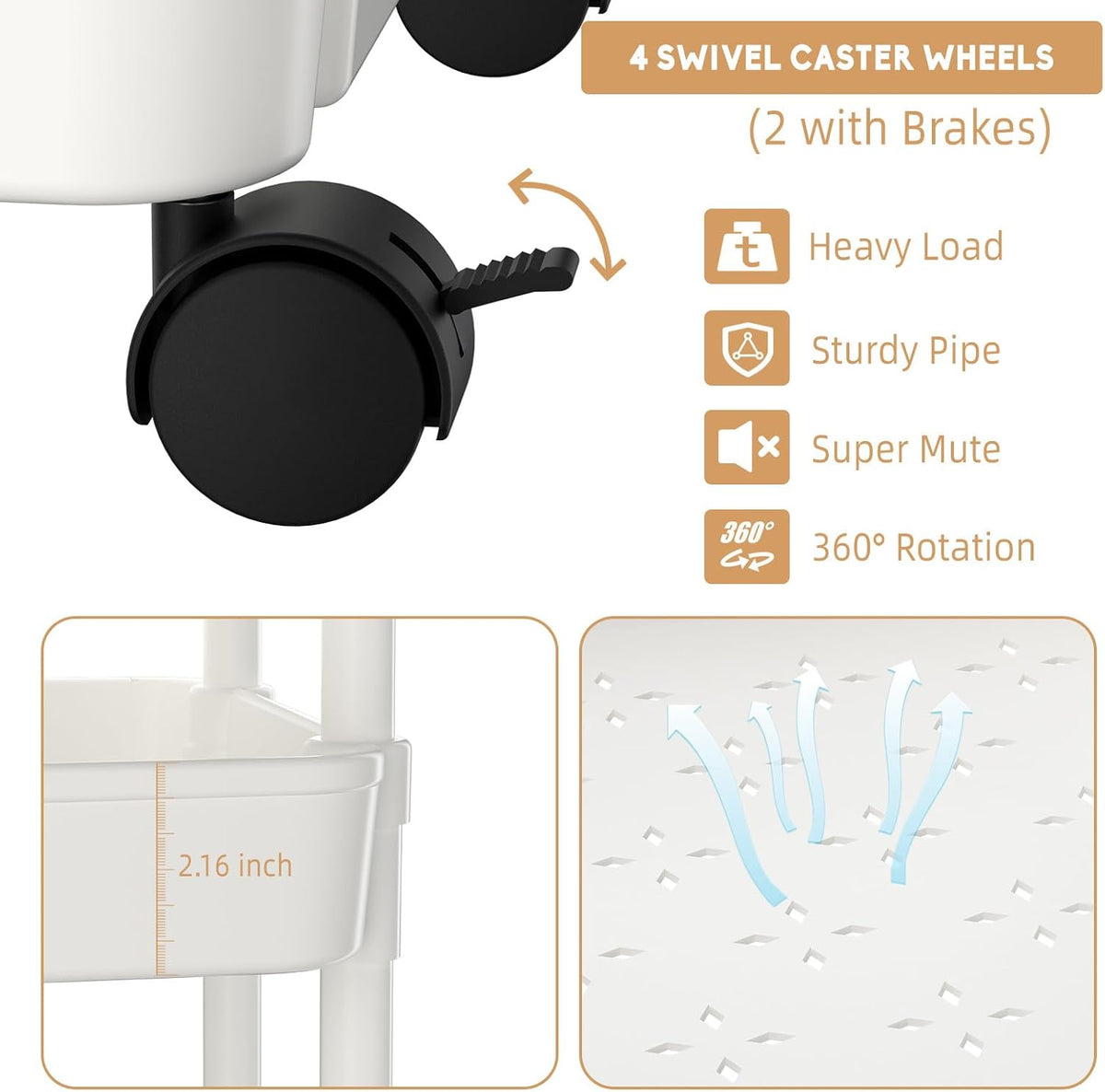 Diaper Caddy, 3 Tier Rolling Cart for Baby Essentials, Off-White
