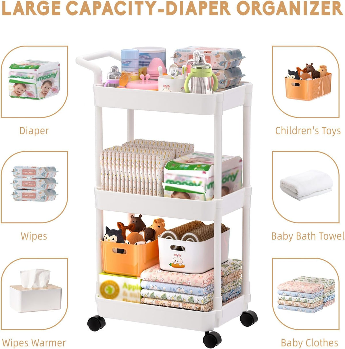 Diaper Caddy, 3 Tier Rolling Cart for Baby Essentials, Off-White