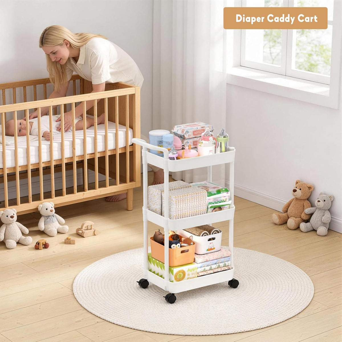 Diaper Caddy, 3 Tier Rolling Cart for Baby Essentials, Off-White