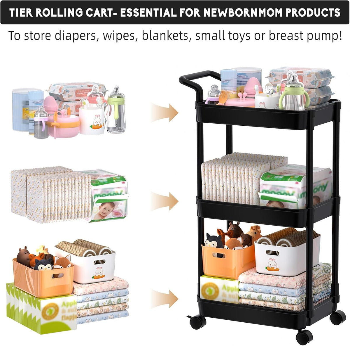 Diaper Caddy, 3 Tier Rolling Cart for Baby Essentials, Off-White
